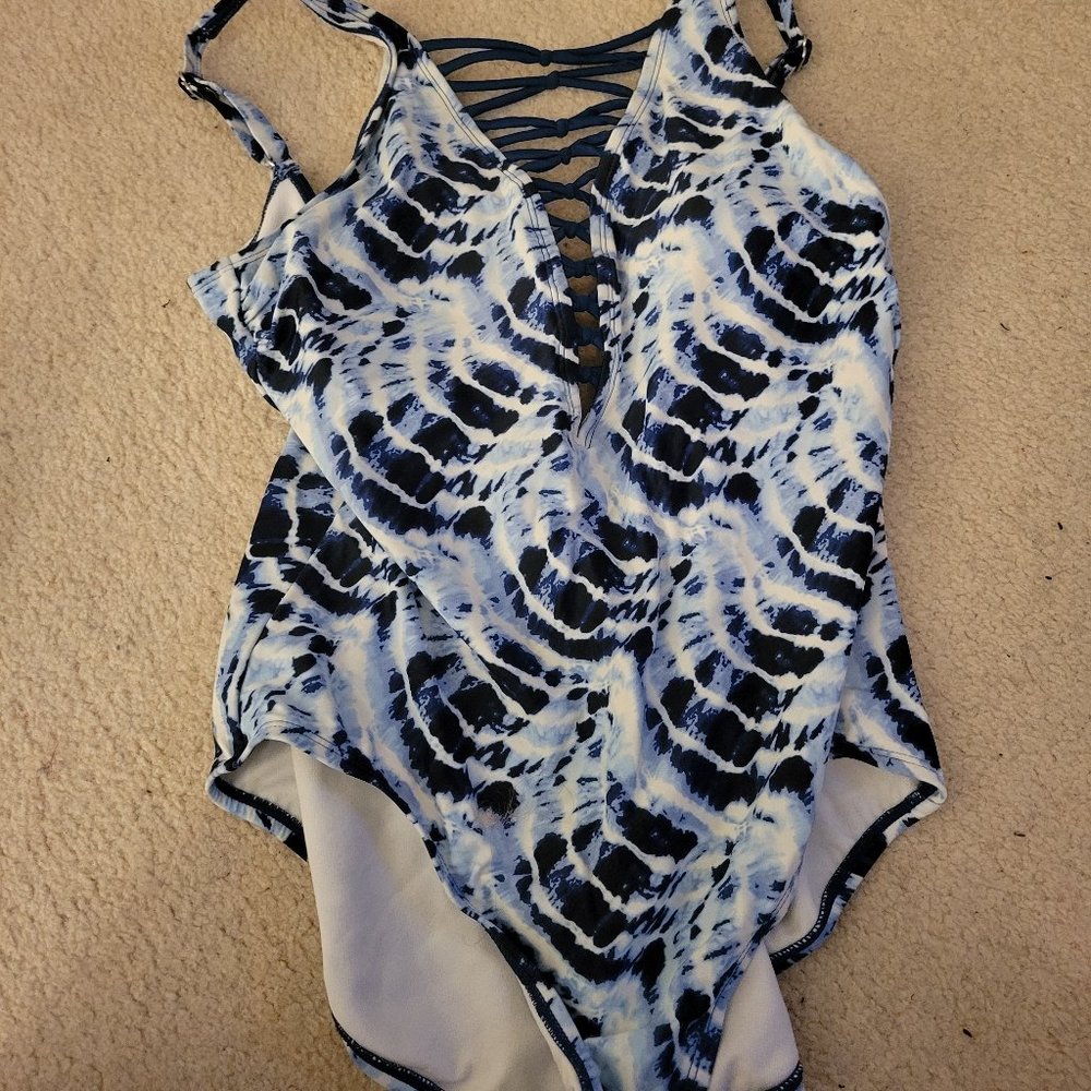 Blue tie dye plunge swim suit